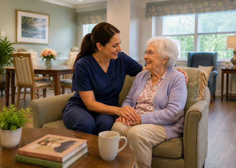 Caring staff with resident at The Waters of Springfield